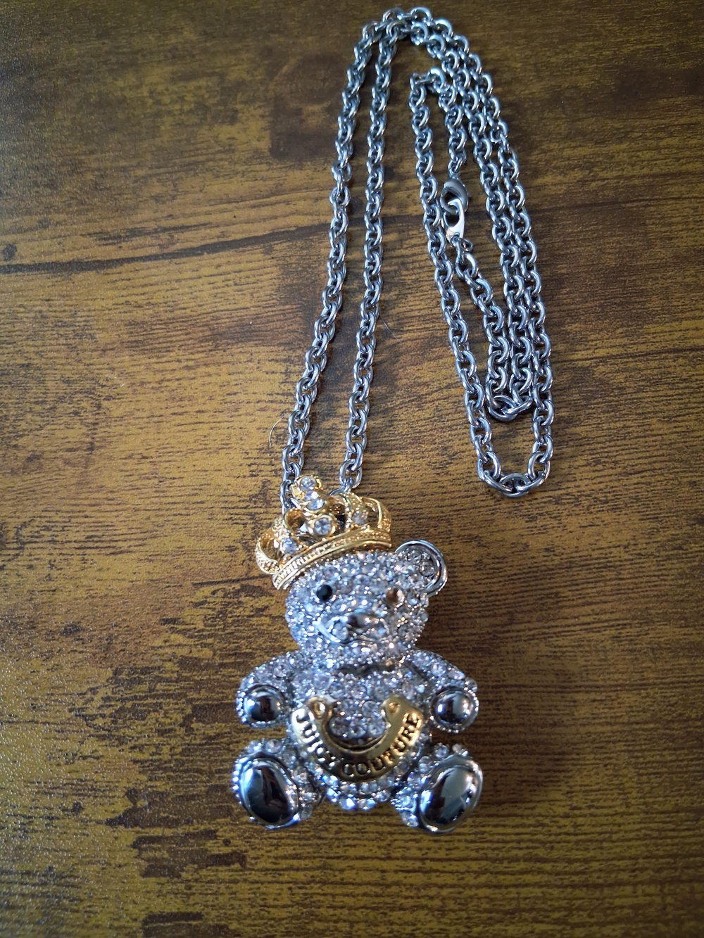 Vintage Juicy Couture Teddy Bear Pendant Necklace Rhinestone-Encrusted gold silv - Picture 7 of 11